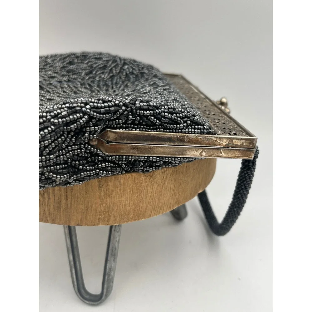 Vtg Beaded Blk Starburst Evening Bag Silver Filigree Kiss Lock Purse Mid century